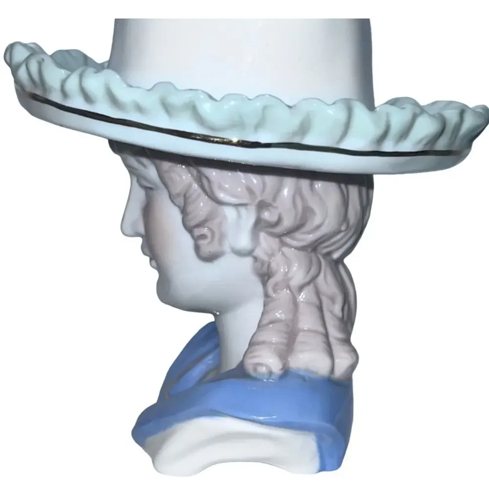 Lady Head Vase Planter - Blue & White Wide Brim Hat, 7” Tall, Mint Vintage